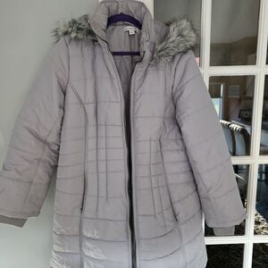 Susan Graver Light Gray Puffer Jacket with Faux Fur Large Cell Phone Pocket